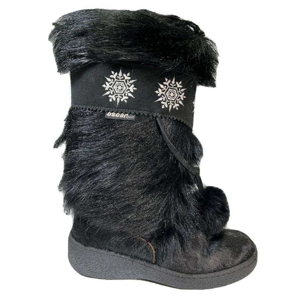 Oscar Sport‎ Boots Black Apres Goat Hair Pom Pom Embroidery Snow Bunny